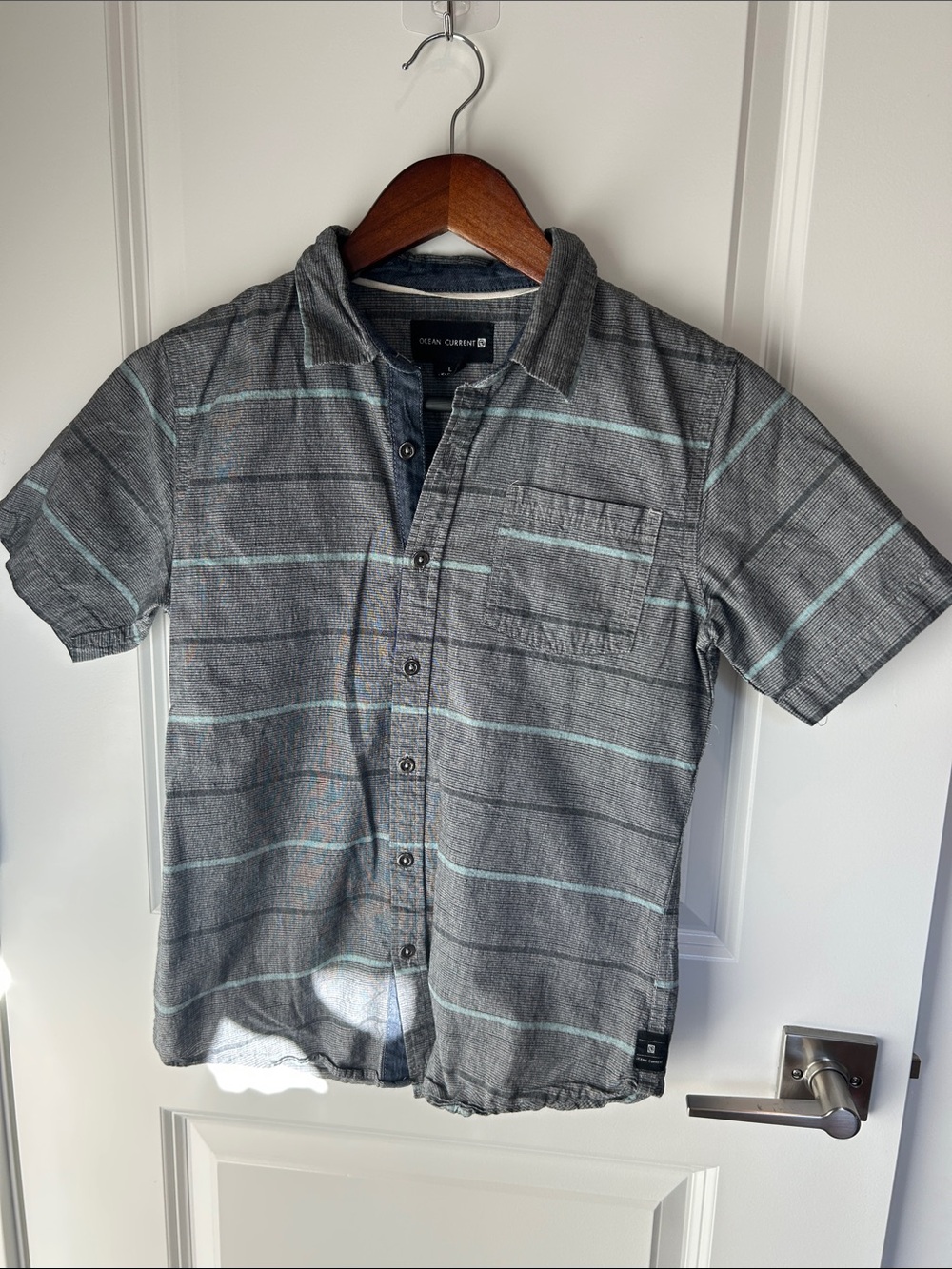 Boys Ocean Current Gray Short Sleeve Button-Down with Mint Stripes